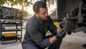 Mechanic inspecting worn brake pads on lifted car