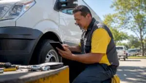 Technician inspecting fleet vehicle in garage