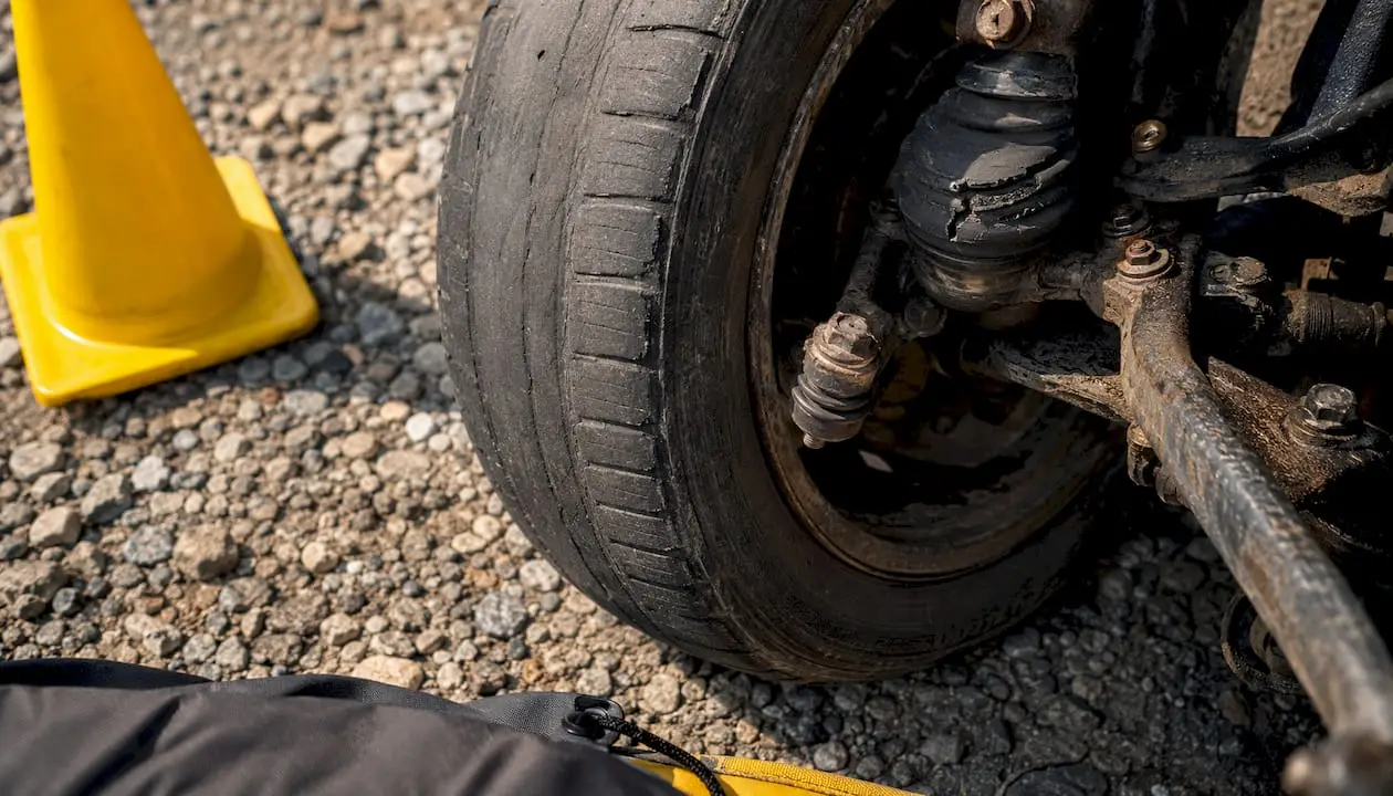 Close-up of worn suspension and tire damage
