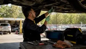 Mechanic changing transmission fluid under car
