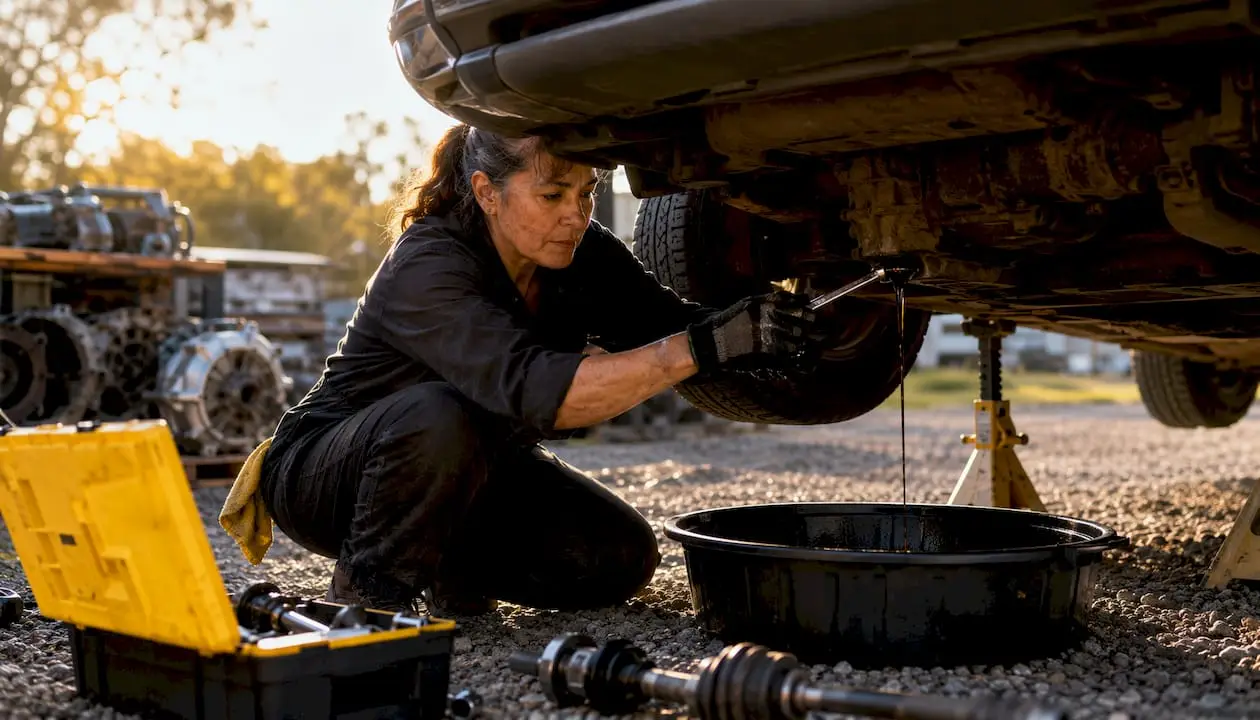 Woman DIY transmission fluid change in garage