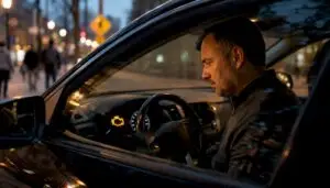 Driver looking at illuminated check engine light