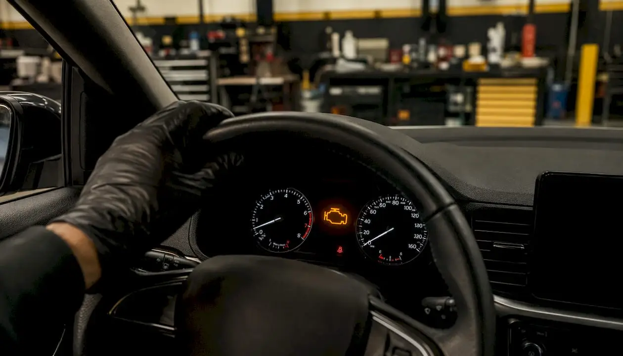 Close-up of flashing check engine dashboard light