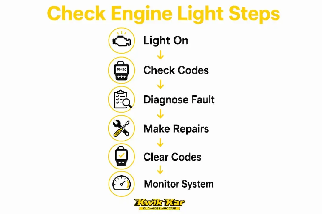Infographic showing steps for check engine light diagnosis and repair