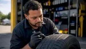 Technician inspecting nail puncture on tire tread