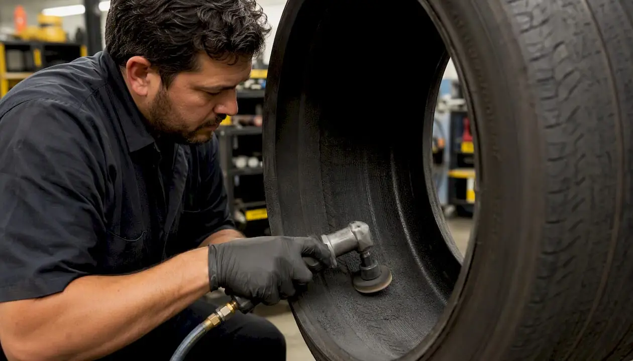 Technician buffing inside tire for patch repair
