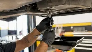 Hands using bolt extractor on oil drain plug