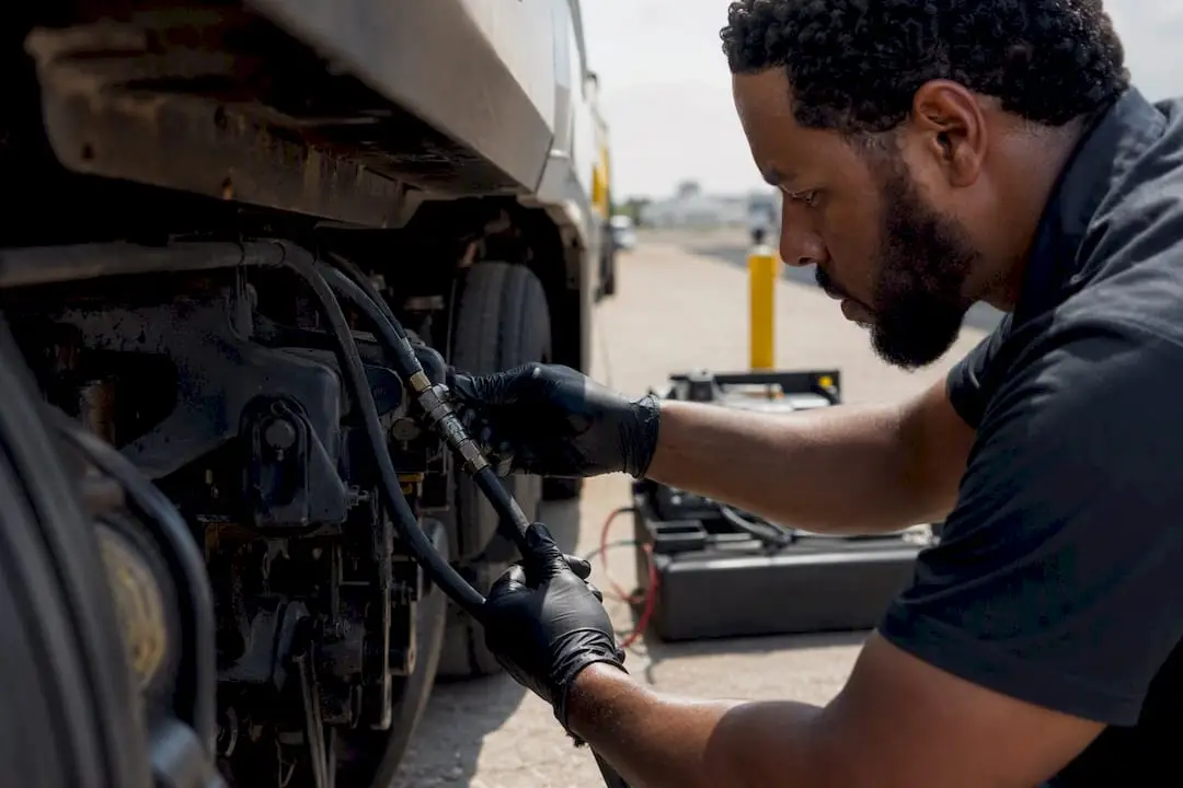 Hands inspecting commercial vehicle brake hose