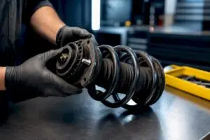 Technician inspecting a removed strut assembly