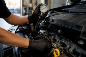 Technician testing engine oil pressure mechanically