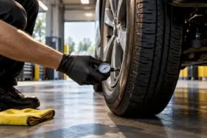 Technician checking a tire for slow leaks