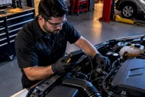 Technician performing an engine diagnostic