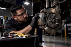 Technician inspecting a sticking brake caliper