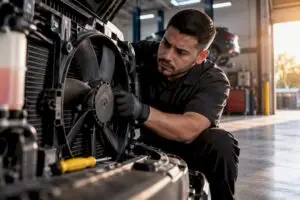 Technician inspecting an overheating radiator fan