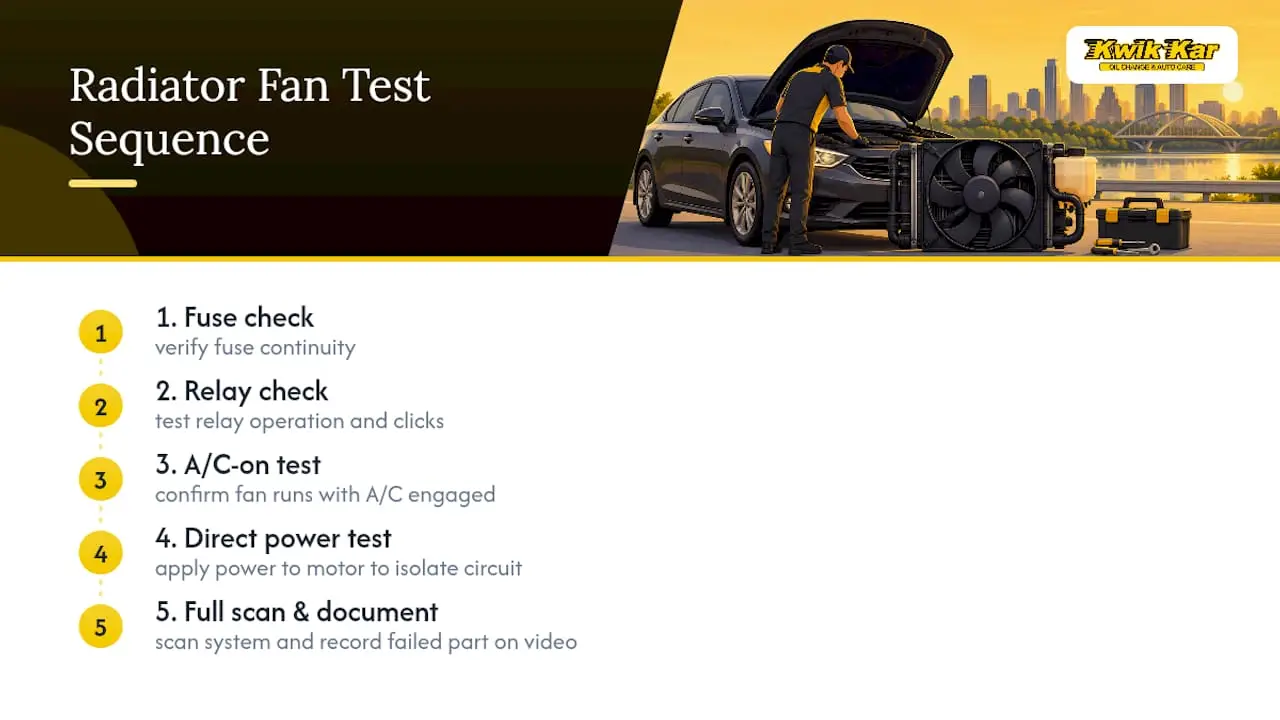 Five-step radiator fan testing sequence