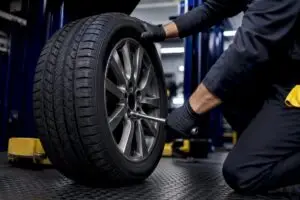 Technician rotating tire in service bay