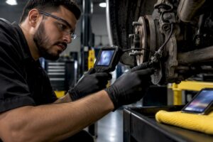 Technician photographing an ABS wheel-speed sensor