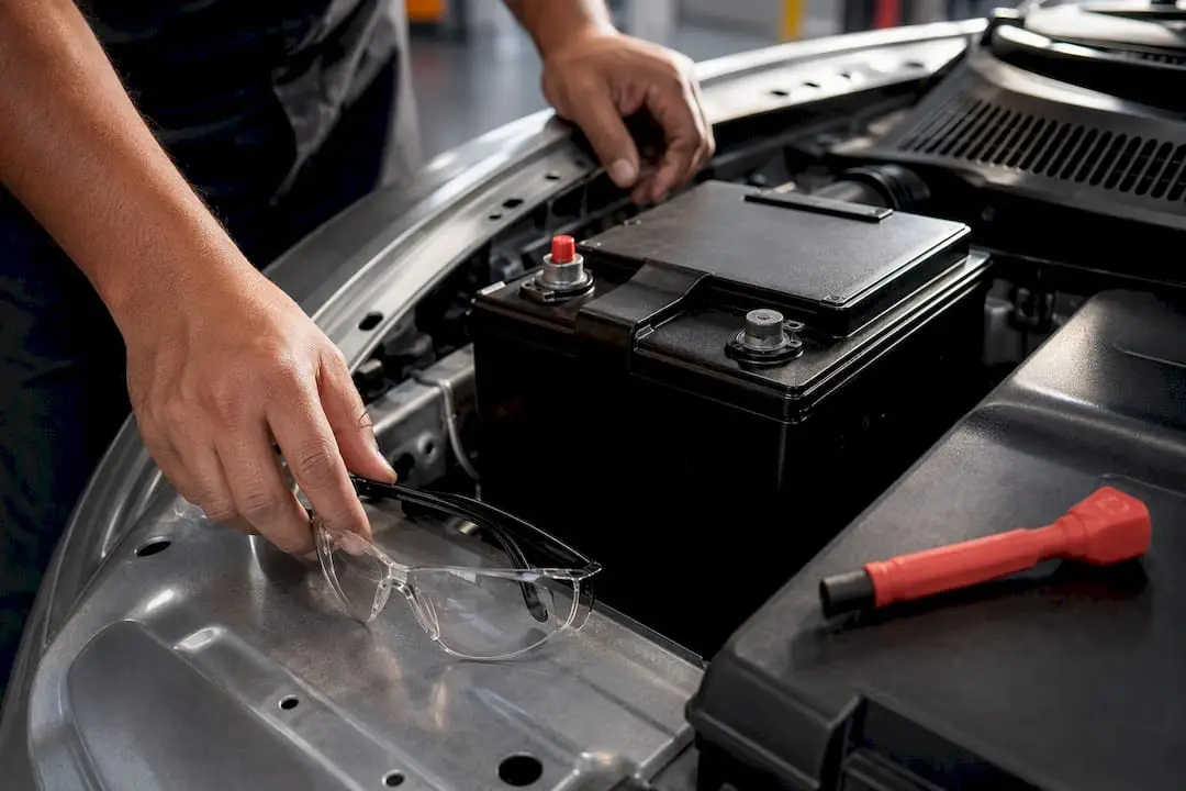 Safety glasses beside vehicle battery terminals