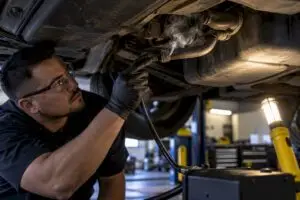 Technician locating EVAP leak with smoke test