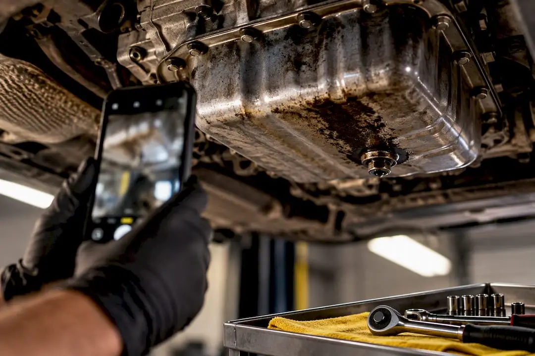 Technician photographing transmission pan condition