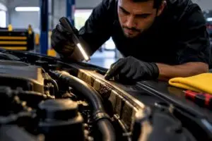 Technician inspecting oil residue in engine bay