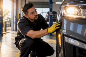Technician checking vehicle headlamp during inspection
