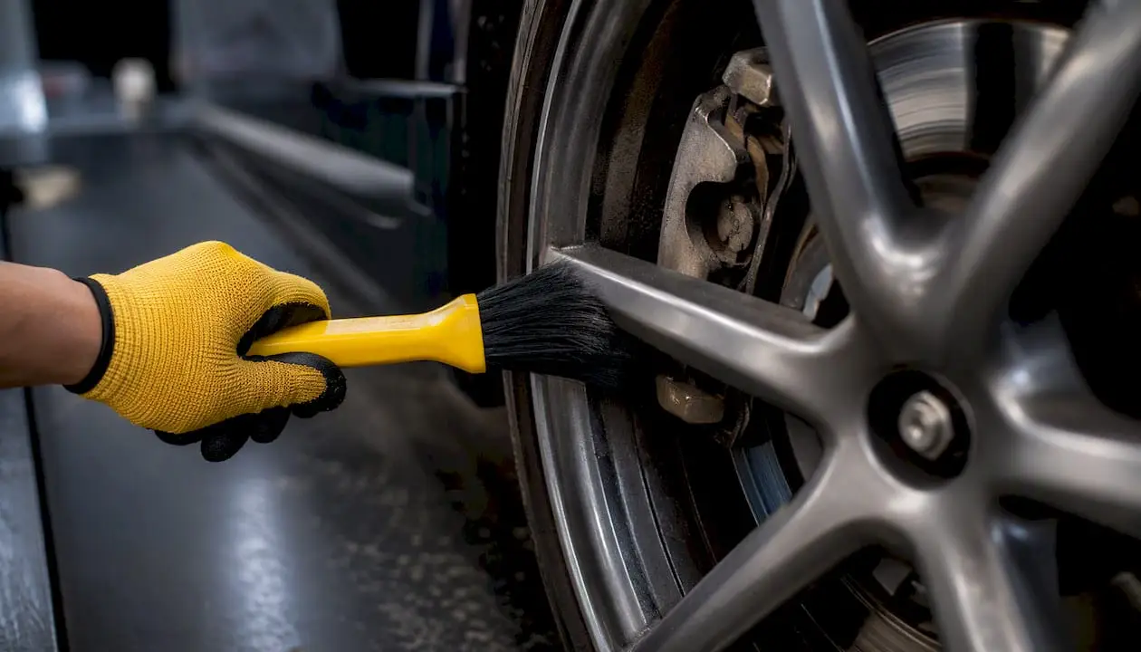 Technician removing brake dust near rotor