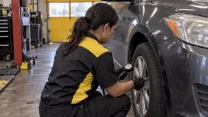 Technician checking vehicle tire pressure