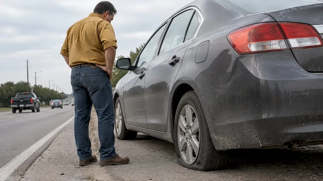 Driver inspecting a visibly low tire roadside