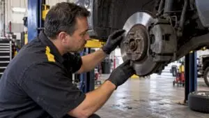 Technician inspecting an exposed brake rotor