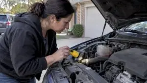 Owner checking a radiator hose for coolant residue