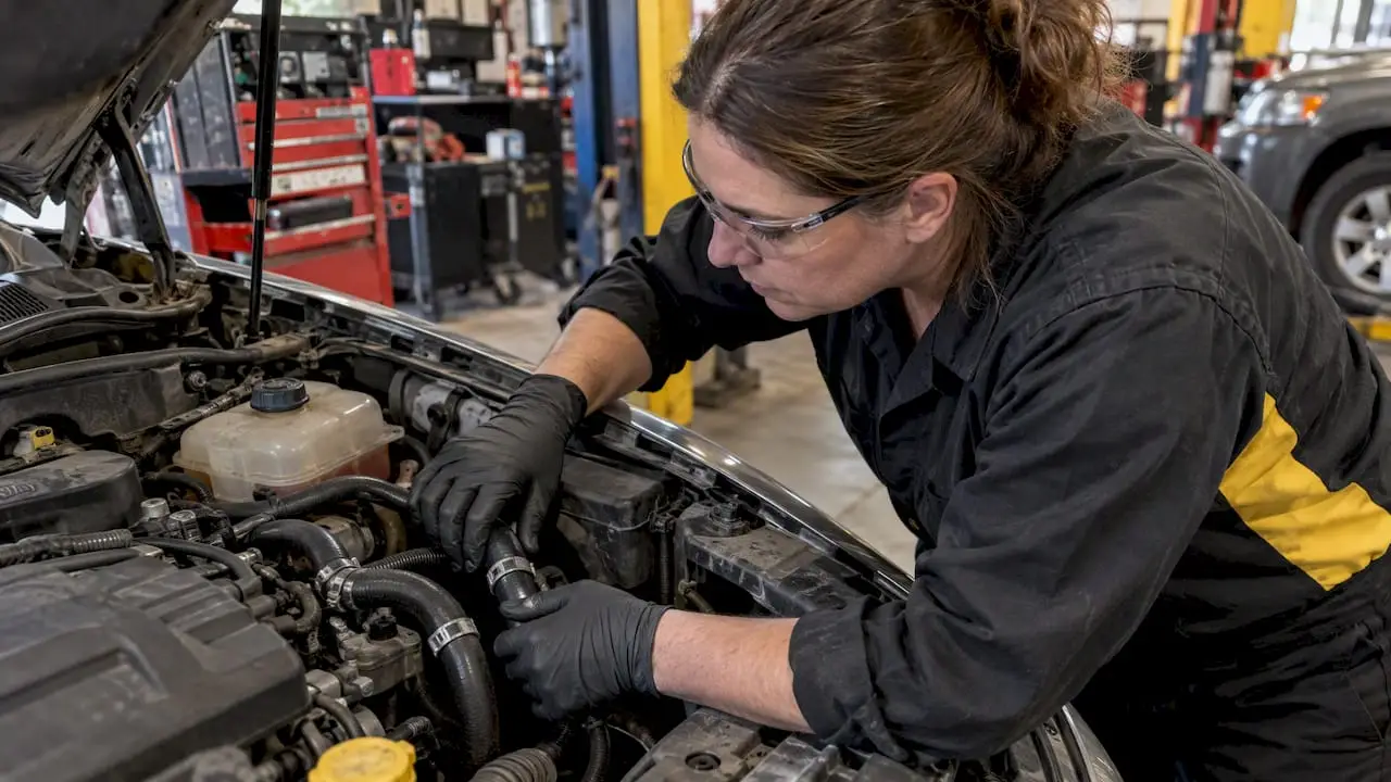 Technician checking paired heater core hoses