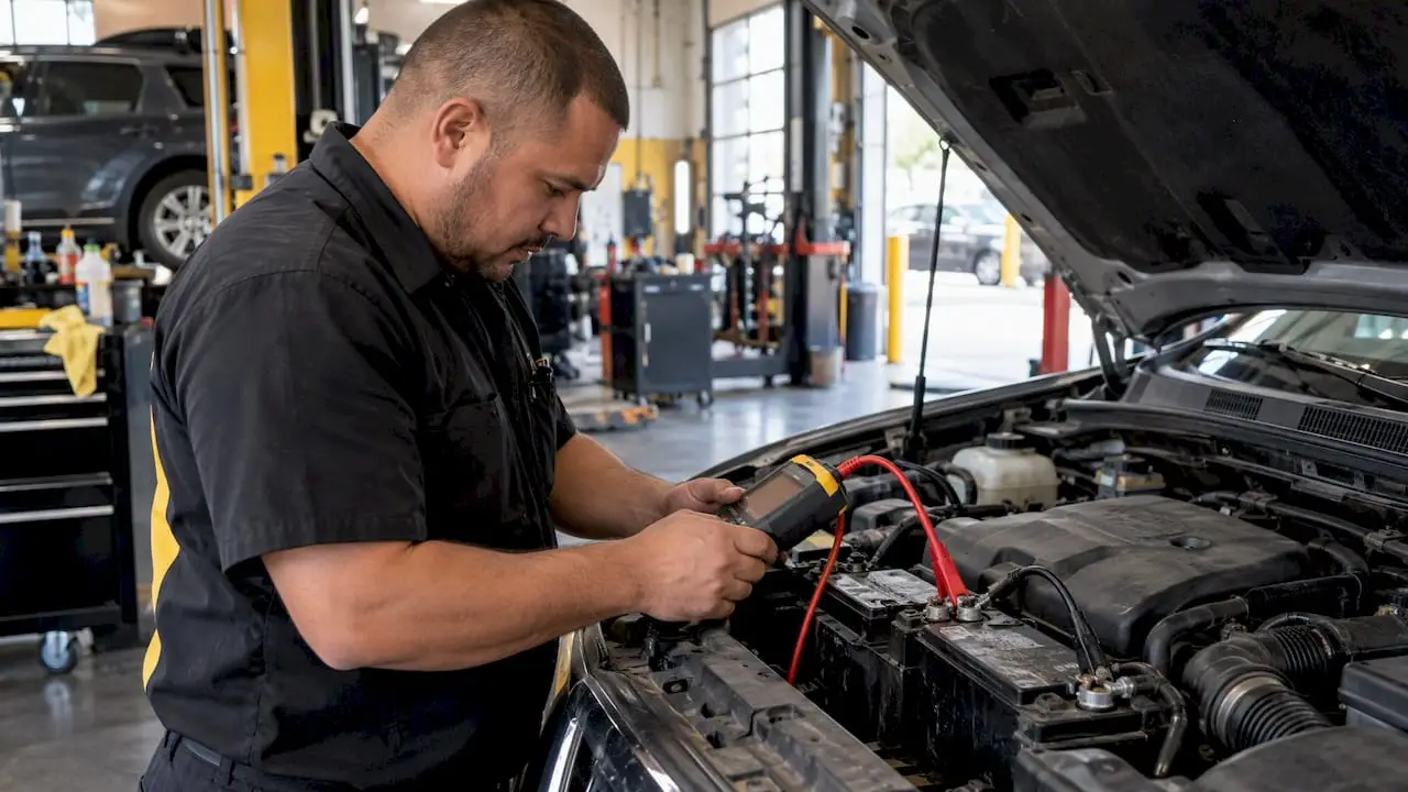Technician testing a car battery during maintenance