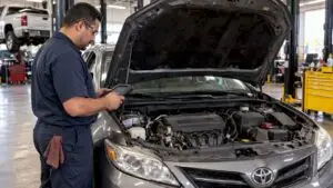 Technician checking a sedan with rough idle
