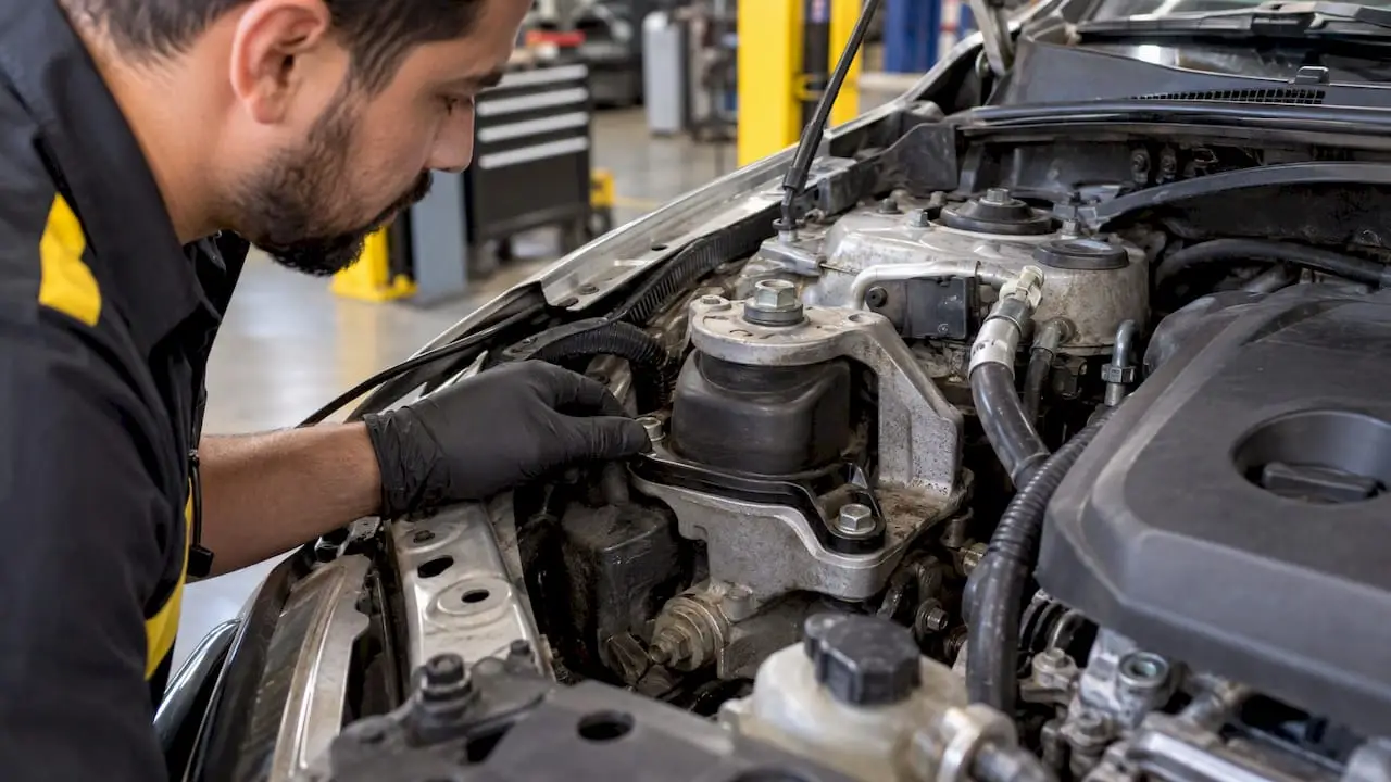 Technician inspecting a worn engine mount