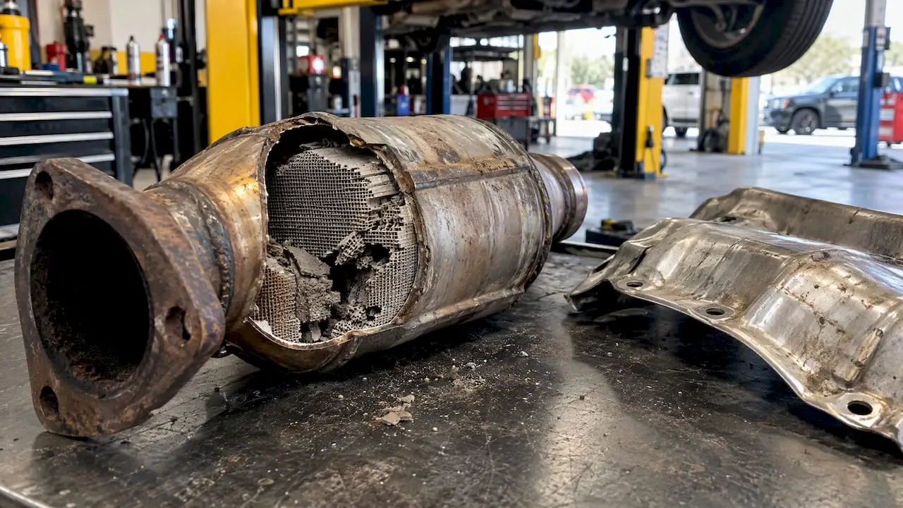 Broken catalytic converter honeycomb beside heat shield
