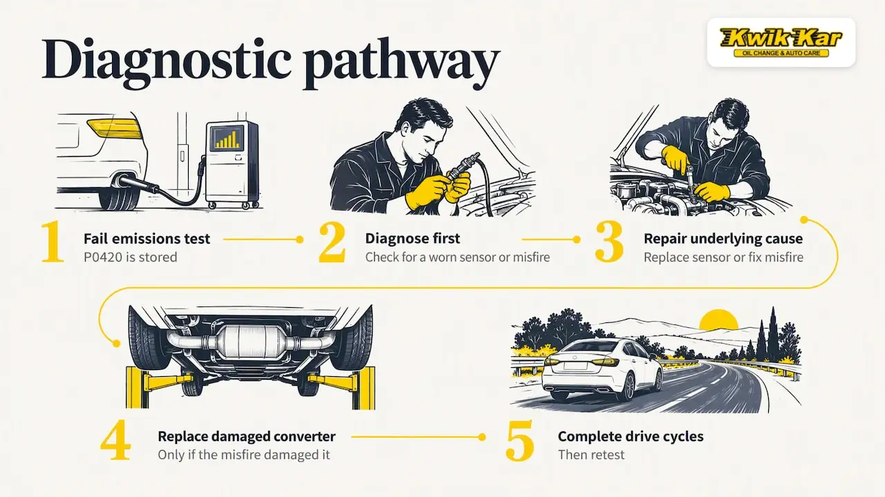 Diagnostic paths from P0420 to emissions retest